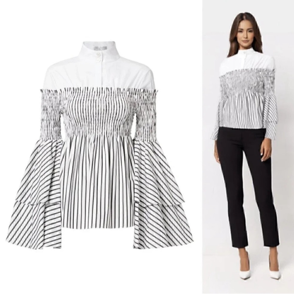 $595 NEW Caroline Constas Ali Layered Striped
Smocked Top with Bell Sleeves XS - Picture 2 of 4